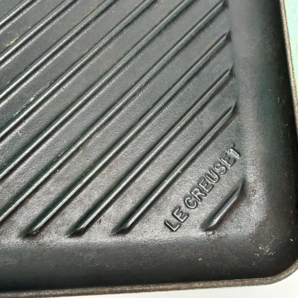Le Creuset Blue Enameled Square Handle Cast Iron Grill Griddle Pan #24 Pre-owned